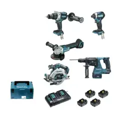 Pack de 5 machines 18V (DTD154 + DGA506 + DHR243 + DHS680 + DHP481) avec 4 batteries 5Ah et chargeur en coffret MAKPAC – MAKITA – DLX5038PTJ Produit De Marque