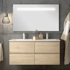 Réduction Meuble de salle de bain simple vasque 4 tiroirs BALEA et miroir Led STAM bambou (chêne clair) 120cm – COSYNEO – INGBALEA120STAMBAM