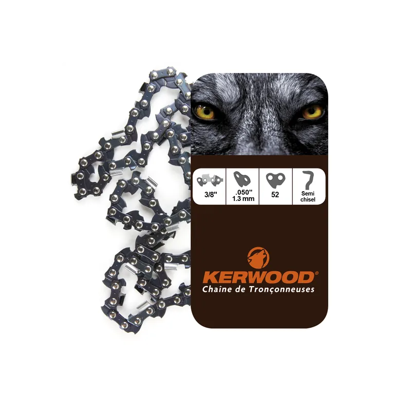 Offre Limitée Chaîne Kerwood pour tronçonneuse 3/8&Prime; 1,3 mm. 52 maillons. Gouge profil demi carré