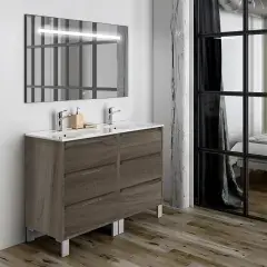 Prix Cassé Meuble de salle de bain double vasque 6 tiroirs TIRIS 3C et miroir Led STAM britannia (chêne foncé) 120cm – COSYNEO – SIRTIRIS120STAMBRI