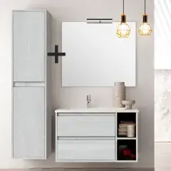 Offre Du Jour Ensemble meuble de salle de bain 80cm vasque déportée + colonne de rangement OLYMPE hibernian (bois blanchi) - COSYNEO - VENOLYMPE80COLHIB
