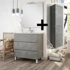 Vente Flash Ensemble meuble de salle de bain 60cm simple vasque + colonne de rangement PALMA ciment (gris) – COSYNEO – ING3CPALMA60COLCIM