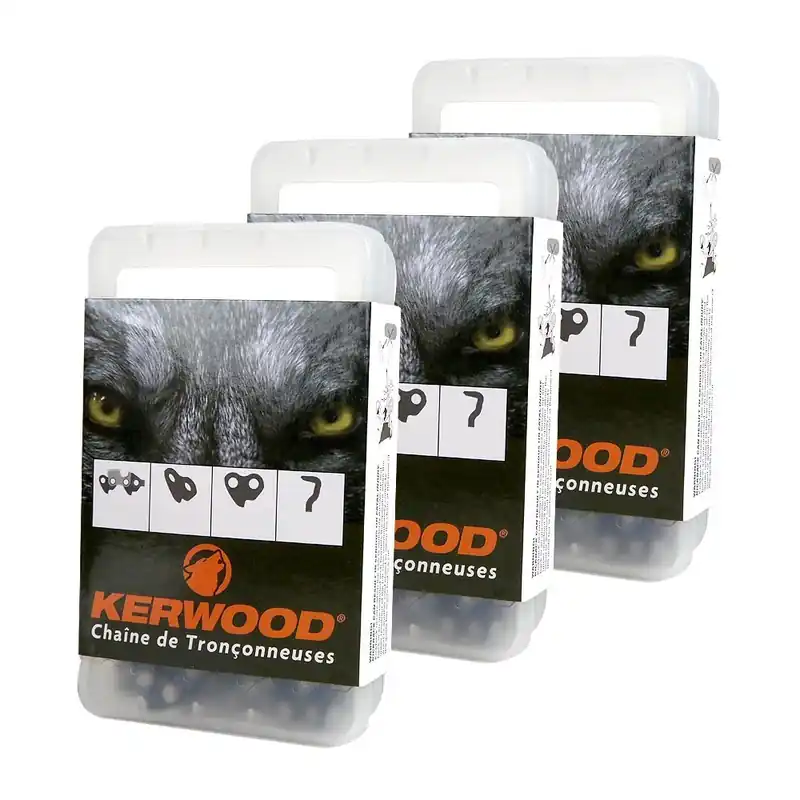 Chaînes tronçonneuses Kerwood x3. 45 maillons 3/8”LP. 1,3 mm Réduction