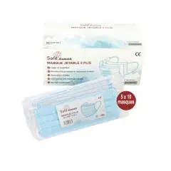 Meilleure Vente Boîte de 50 masques jetables 3 plis CE EN 14683 TYPE II BFE supérieure à 98% – SAFE BY HANGER – SF0405101C00