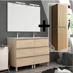 Ensemble meuble de salle de bain 120cm double vasque + colonne de rangement PALMA bambou (chêne clair) – COSYNEO – ING3CPALMA120COLBAM Meilleure Vente